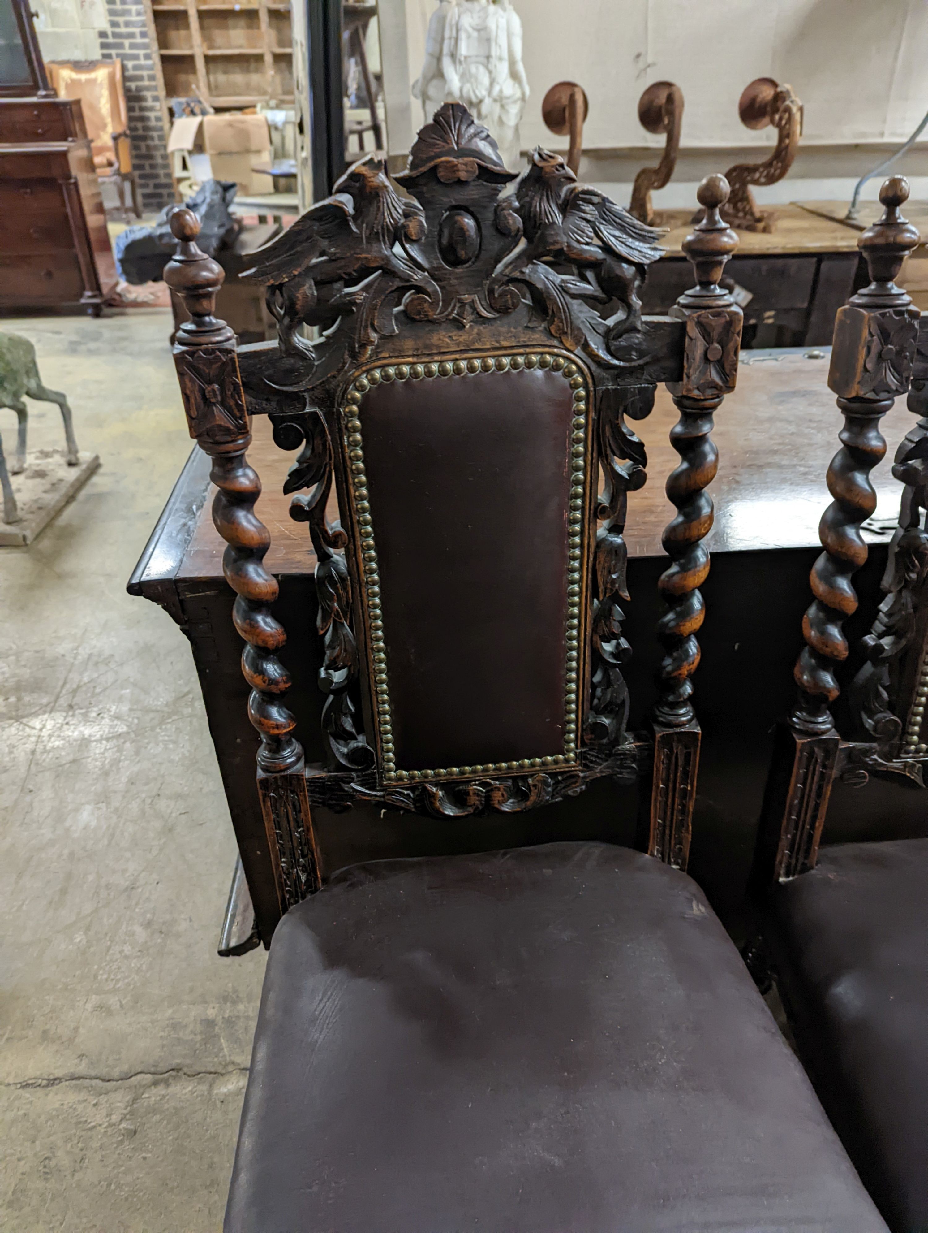 A set of four Flemish style oak Highback dining chairs (1 AF) H-113cm.